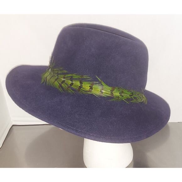 Eugenia Kim Navy Blue 100% Rabbit Fur Felt Ladies Fedora Hat with Feather Band
